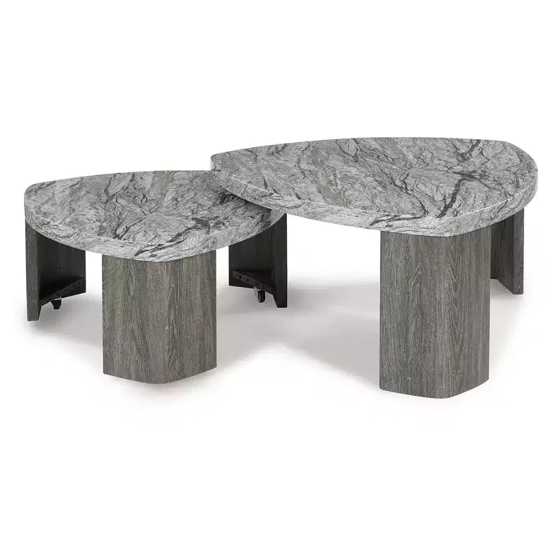 Table basse gigogne moderne avec plateau en faux marbre, grise