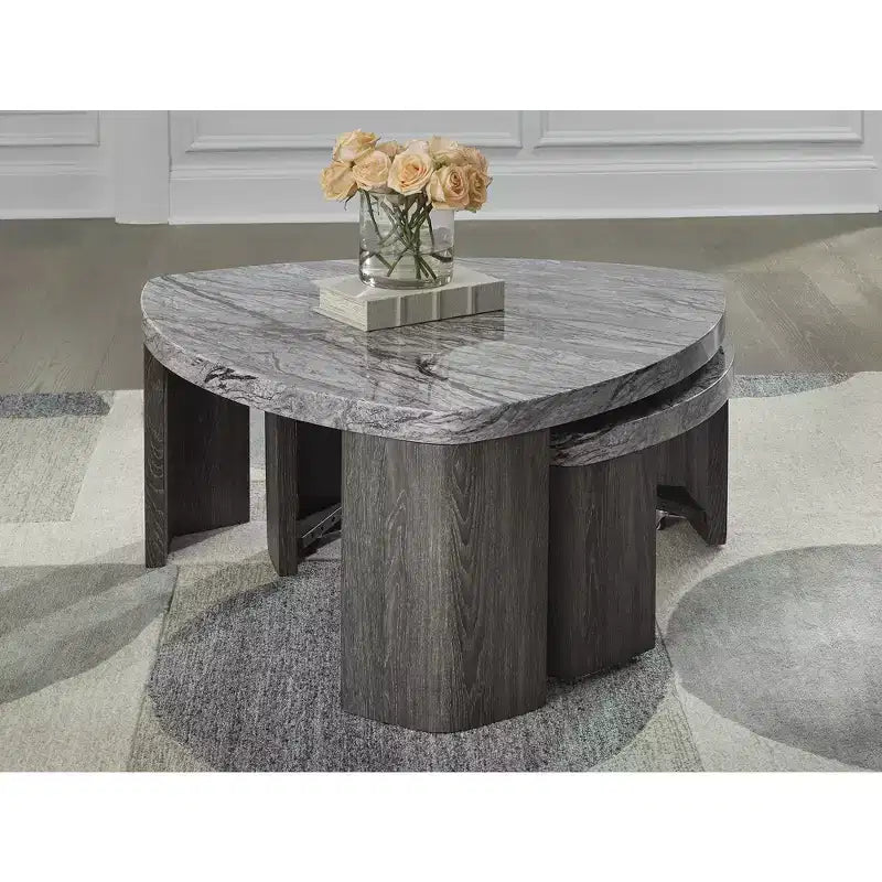 Table basse gigogne moderne avec plateau en faux marbre, grise