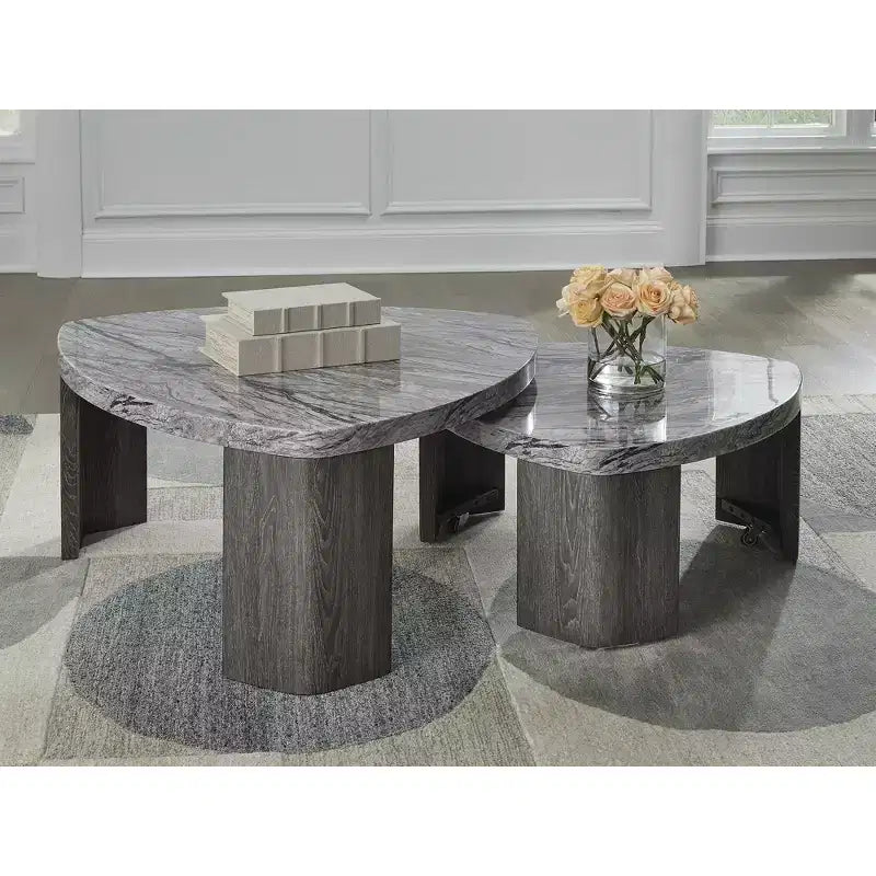 Table basse gigogne moderne avec plateau en faux marbre, grise
