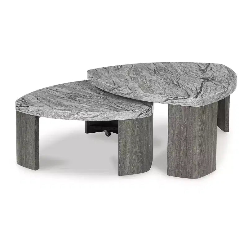 Table basse gigogne moderne avec plateau en faux marbre, grise