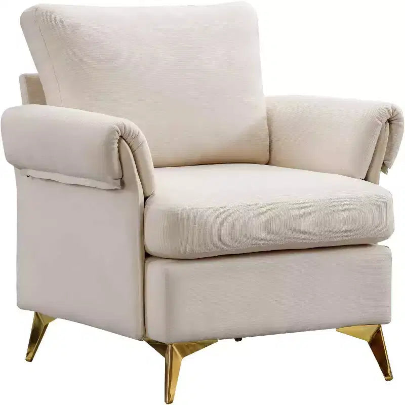 Sillón decorativo de lino color marfil con cojín capitoné y almohada lumbar