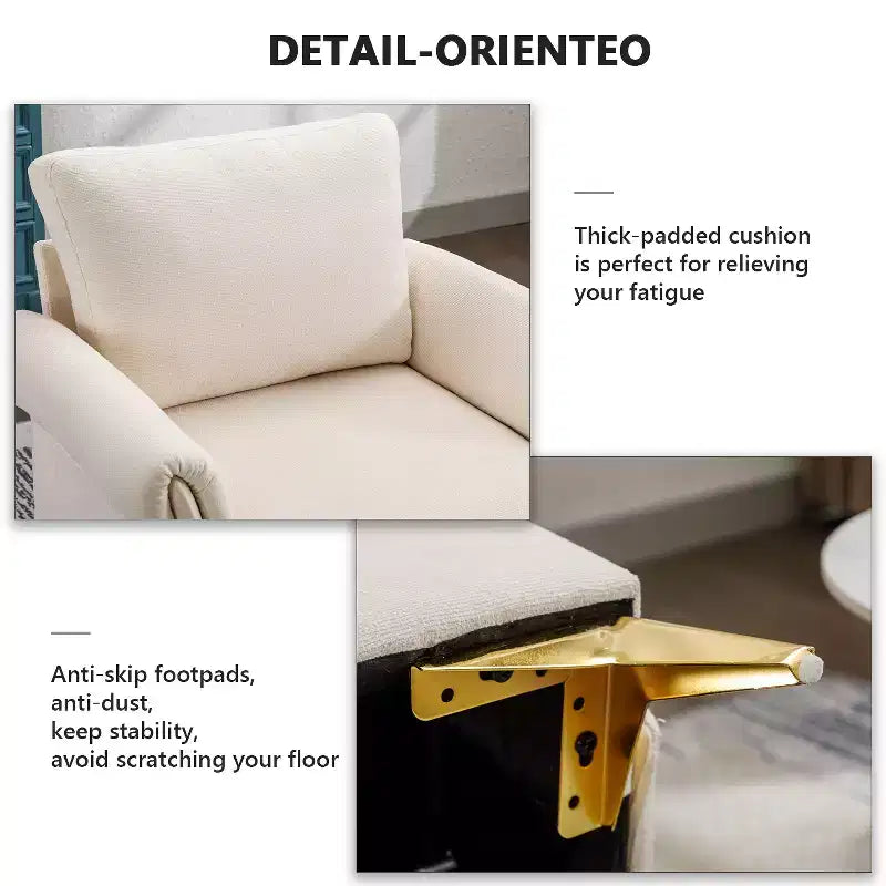 Sillón decorativo de lino color marfil con cojín capitoné y almohada lumbar