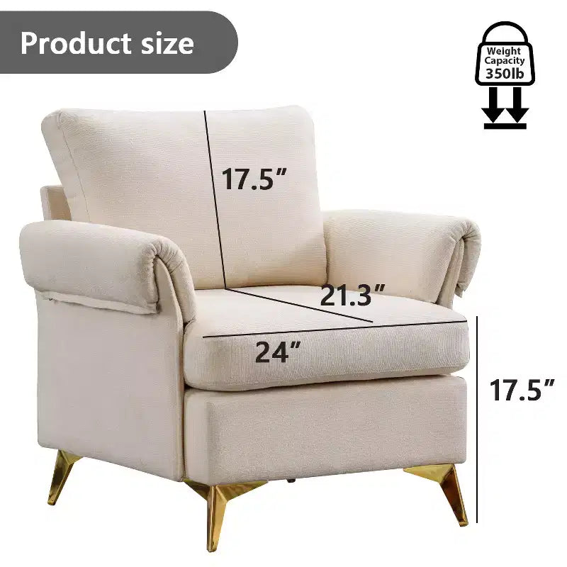 Sillón decorativo de lino color marfil con cojín capitoné y almohada lumbar