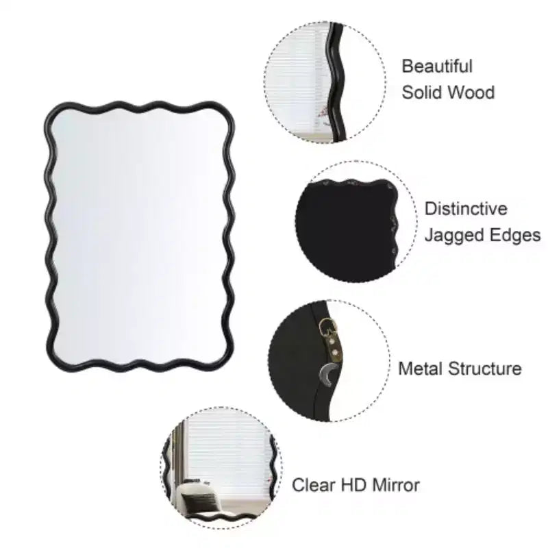 Espejo rectangular ondulado de madera maciza de 40 x 28, negro, para baño, dormitorio, sala de estar, comedor, vestidor y entrada