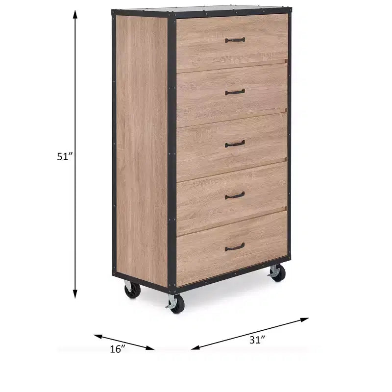 Commode en bois à 5 tiroirs avec roulettes