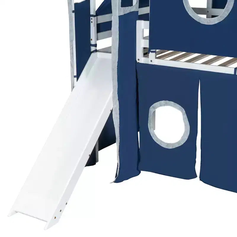 Hochbett mit Treppe mit Stauraum, Zelt und Turm, Rosa/Blau