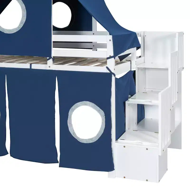 Hochbett mit Treppe mit Stauraum, Zelt und Turm, Rosa/Blau