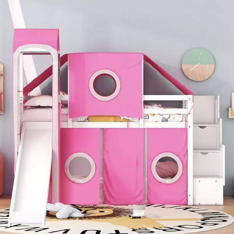 Hochbett mit Treppe mit Stauraum, Zelt und Turm, Rosa/Blau