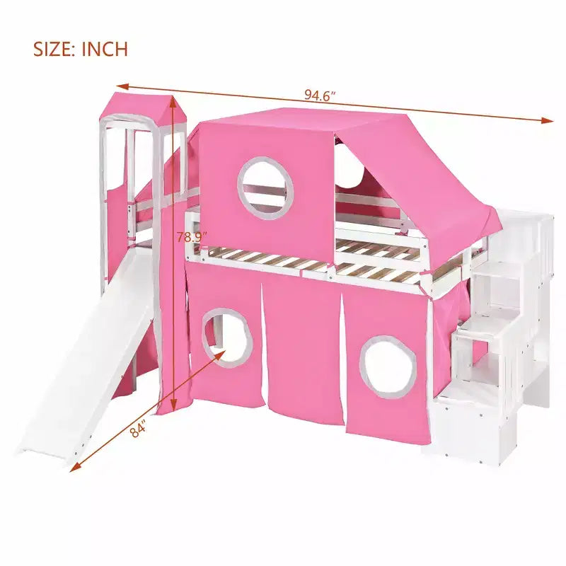 Hochbett mit Treppe mit Stauraum, Zelt und Turm, Rosa/Blau