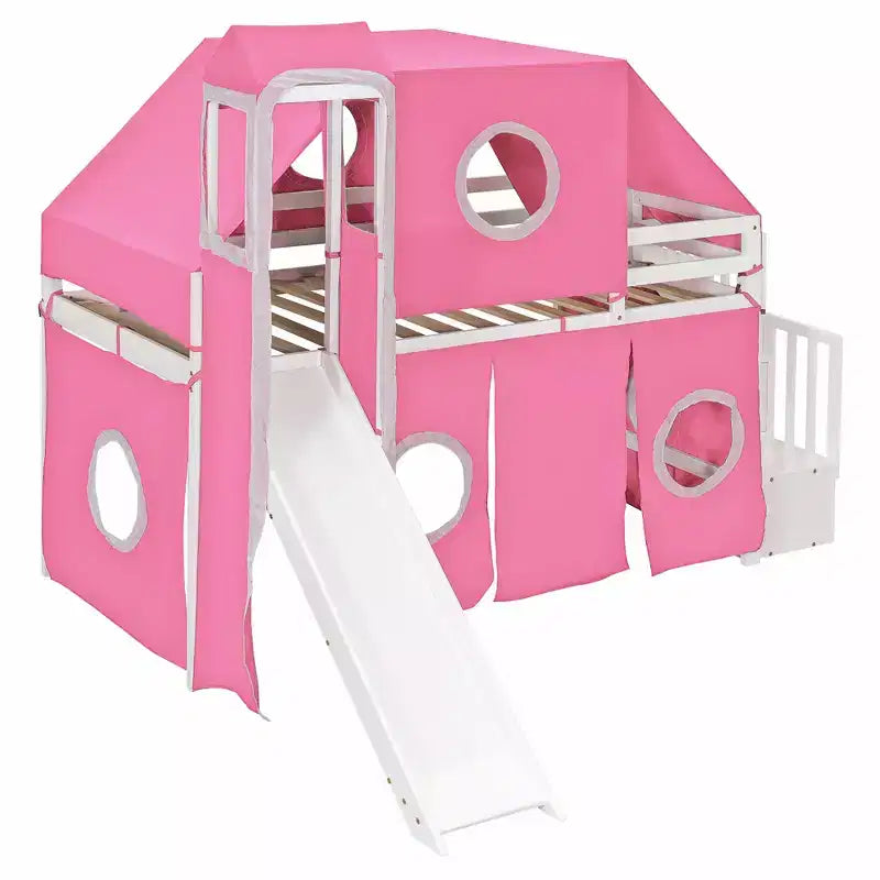 Hochbett mit Treppe mit Stauraum, Zelt und Turm, Rosa/Blau