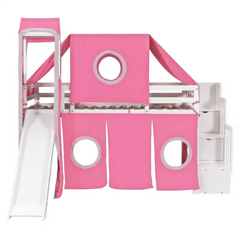 Hochbett mit Treppe mit Stauraum, Zelt und Turm, Rosa/Blau
