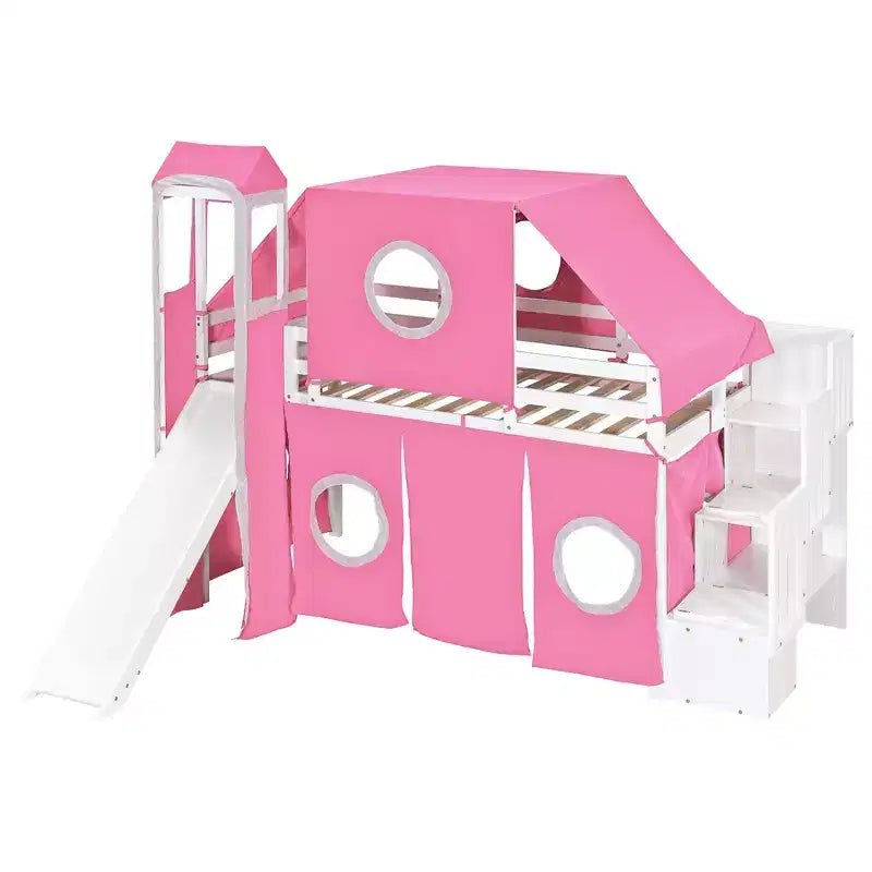 Hochbett mit Treppe mit Stauraum, Zelt und Turm, Rosa/Blau
