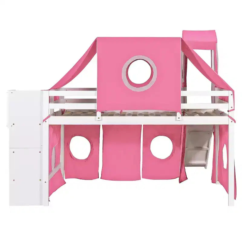 Hochbett mit Treppe mit Stauraum, Zelt und Turm, Rosa/Blau