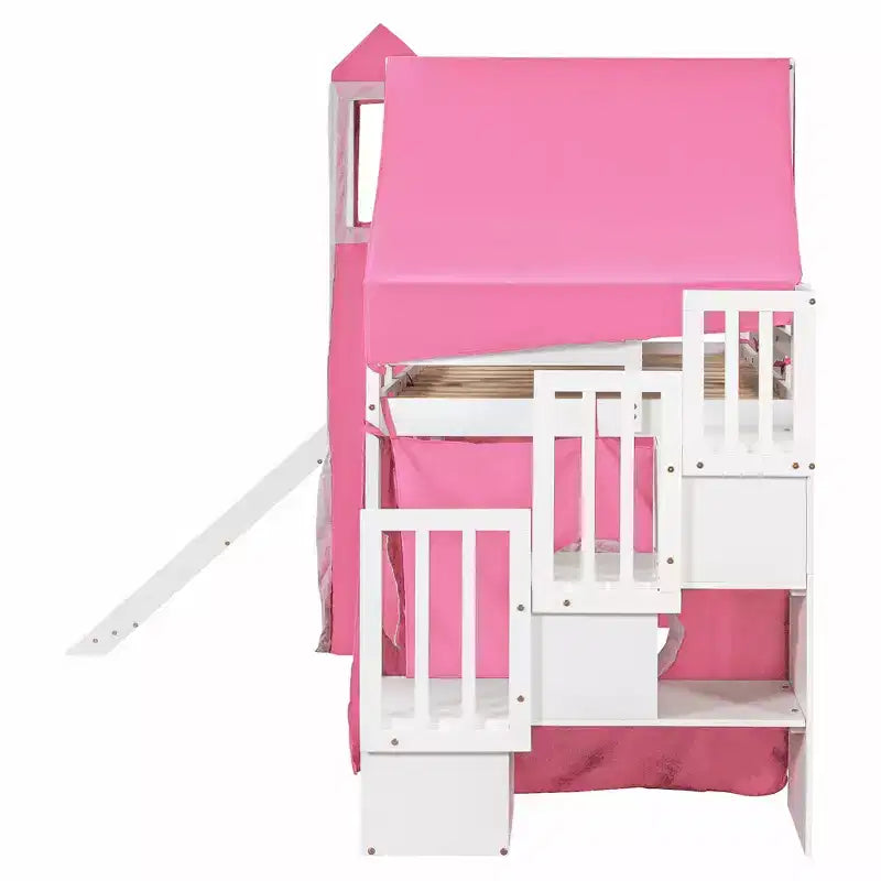 Hochbett mit Treppe mit Stauraum, Zelt und Turm, Rosa/Blau