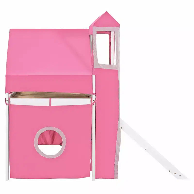 Hochbett mit Treppe mit Stauraum, Zelt und Turm, Rosa/Blau
