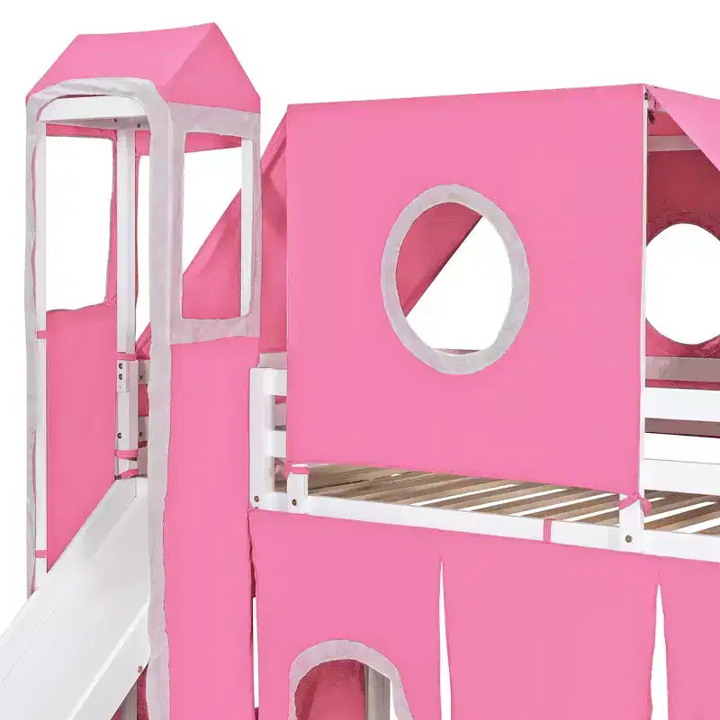 Hochbett mit Treppe mit Stauraum, Zelt und Turm, Rosa/Blau