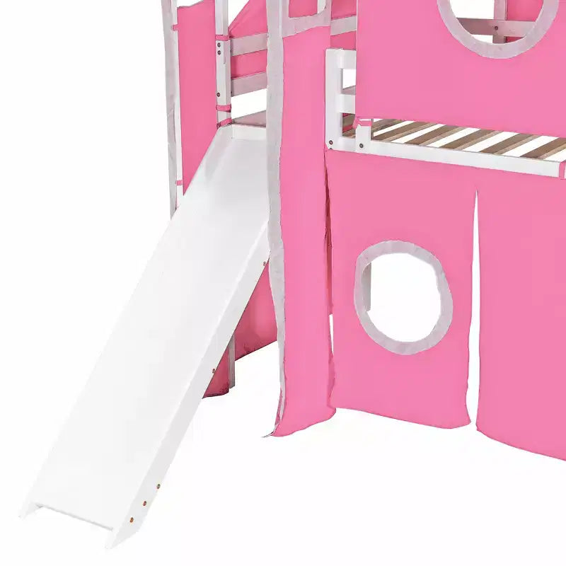 Hochbett mit Treppe mit Stauraum, Zelt und Turm, Rosa/Blau