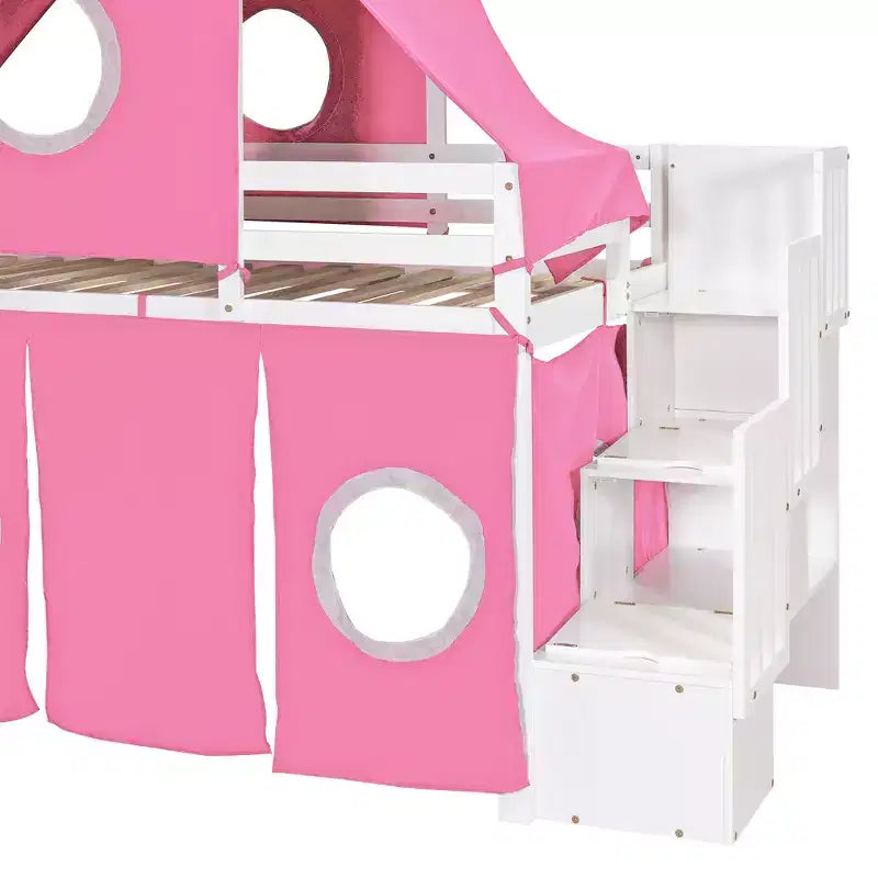Hochbett mit Treppe mit Stauraum, Zelt und Turm, Rosa/Blau