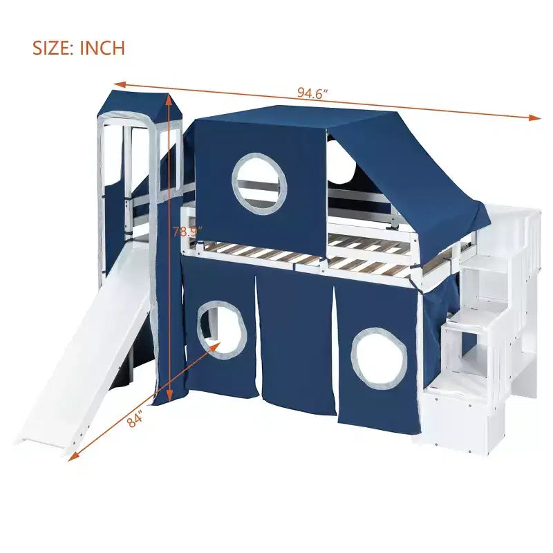 Hochbett mit Treppe mit Stauraum, Zelt und Turm, Rosa/Blau