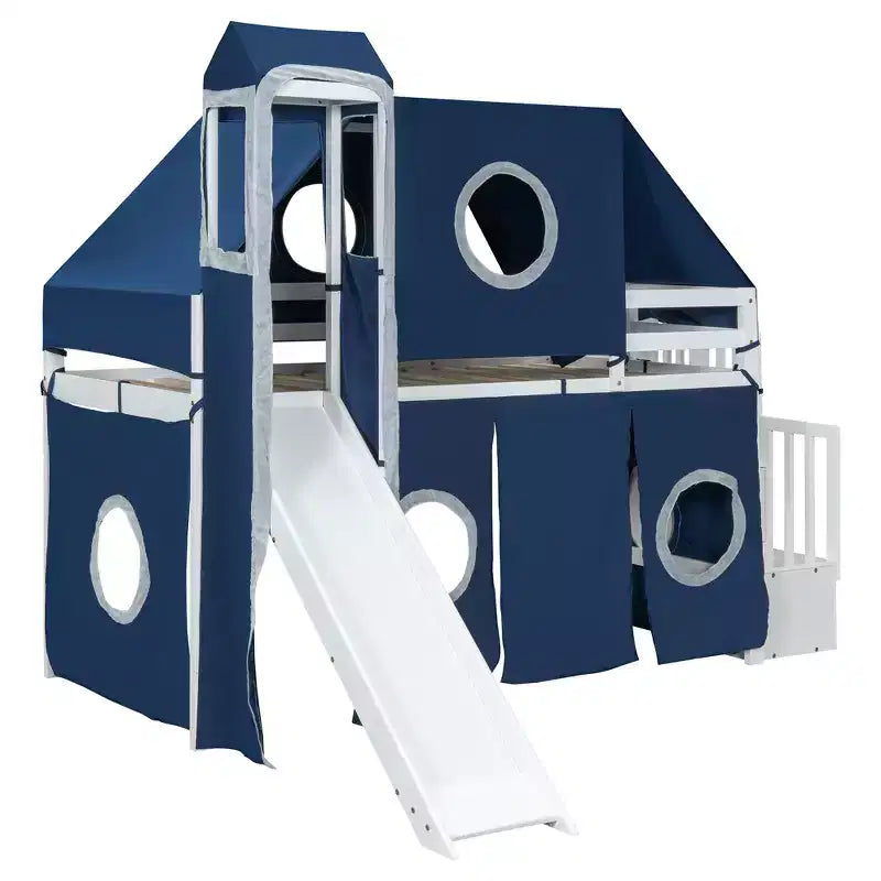 Hochbett mit Treppe mit Stauraum, Zelt und Turm, Rosa/Blau