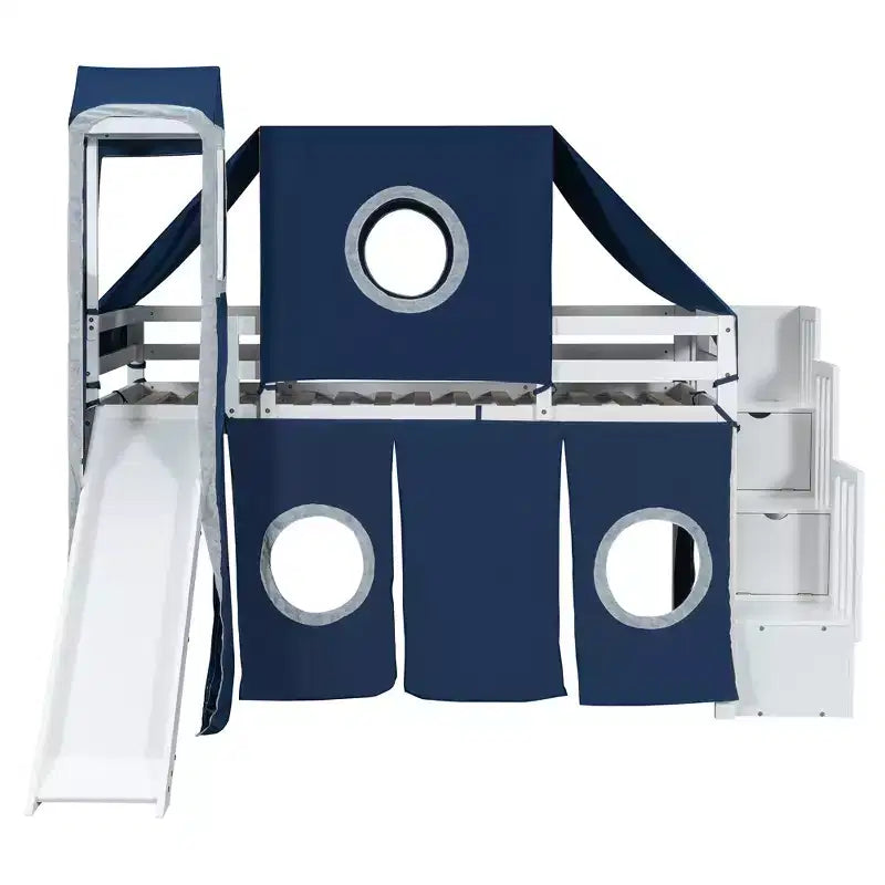 Hochbett mit Treppe mit Stauraum, Zelt und Turm, Rosa/Blau