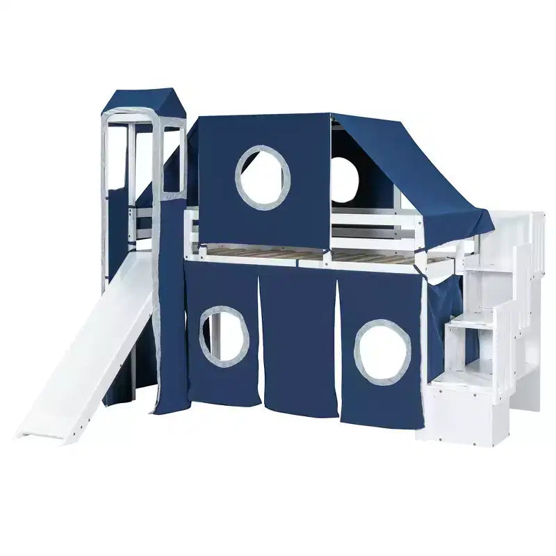 Hochbett mit Treppe mit Stauraum, Zelt und Turm, Rosa/Blau