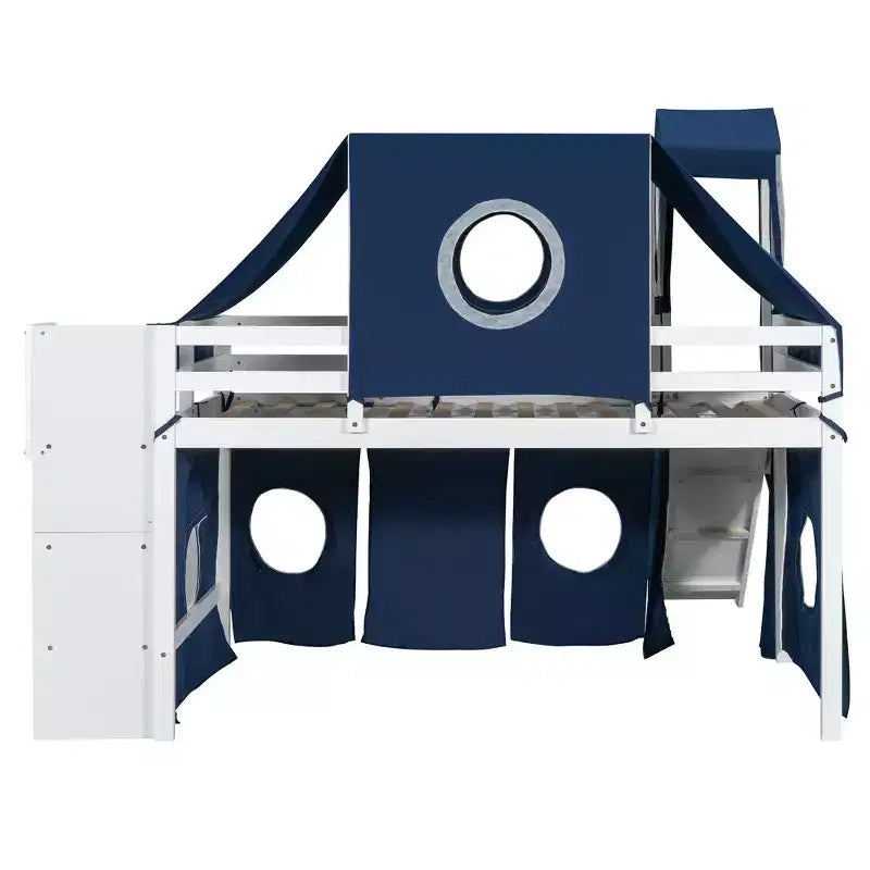 Hochbett mit Treppe mit Stauraum, Zelt und Turm, Rosa/Blau