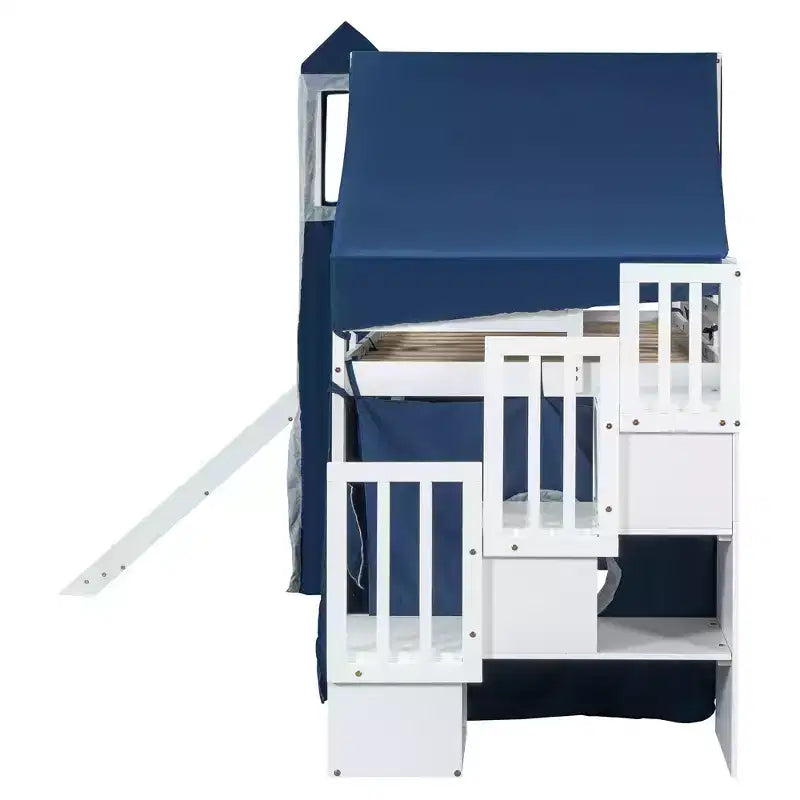 Hochbett mit Treppe mit Stauraum, Zelt und Turm, Rosa/Blau