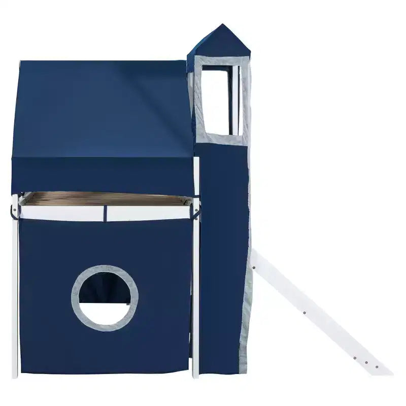 Hochbett mit Treppe mit Stauraum, Zelt und Turm, Rosa/Blau