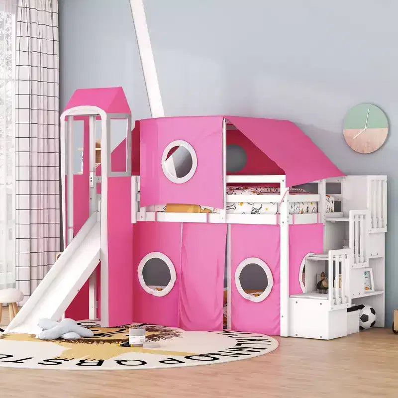 Hochbett mit Treppe mit Stauraum, Zelt und Turm, Rosa/Blau