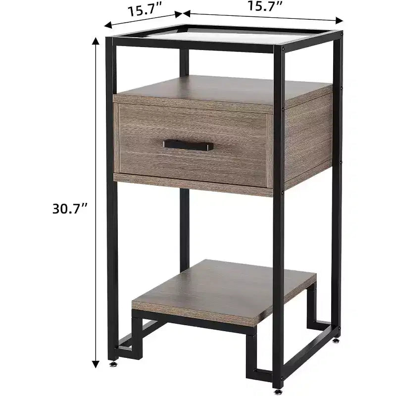 Paquete de 2 mesitas de noche con cajón de almacenamiento y estantes, tablero de vidrio templado y estructura de acero, para dormitorio o residencia estudiantil