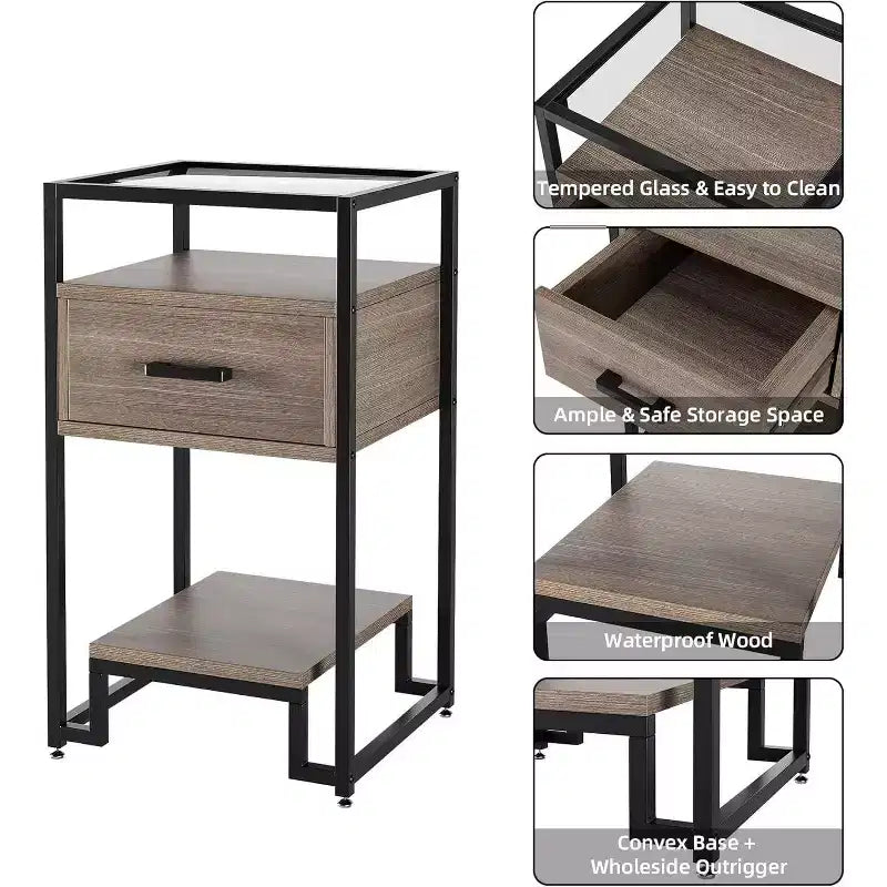 Paquete de 2 mesitas de noche con cajón de almacenamiento y estantes, tablero de vidrio templado y estructura de acero, para dormitorio o residencia estudiantil