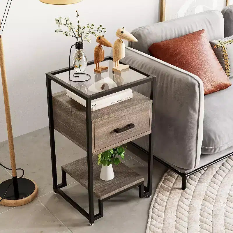 Paquete de 2 mesitas de noche con cajón de almacenamiento y estantes, tablero de vidrio templado y estructura de acero, para dormitorio o residencia estudiantil