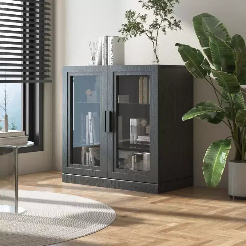 Akzentvitrine aus Holz in Schwarz, Aufbewahrungsschrank mit verstellbaren Einlegeböden und Glastüren für Küche, Schlafzimmer, Wohn- und Esszimmer