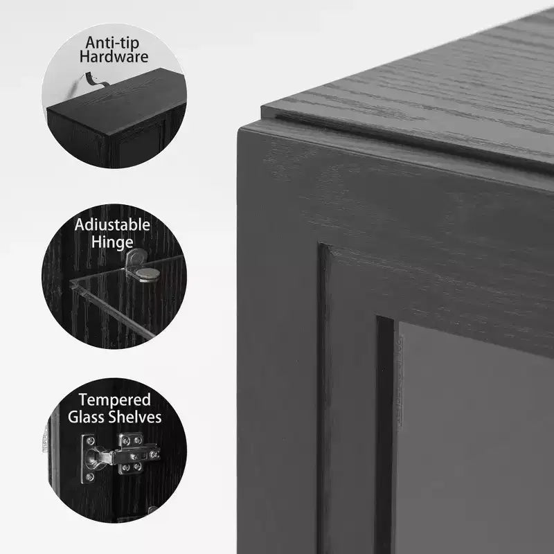 Akzentvitrine aus Holz in Schwarz, Aufbewahrungsschrank mit verstellbaren Einlegeböden und Glastüren für Küche, Schlafzimmer, Wohn- und Esszimmer