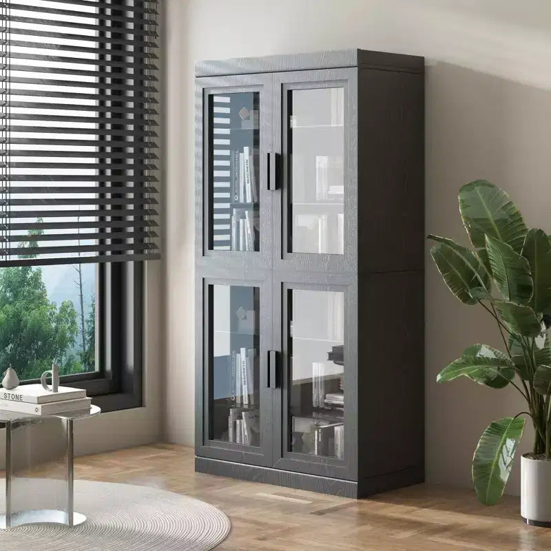 Akzentvitrine aus Holz in Schwarz, Aufbewahrungsschrank mit verstellbaren Einlegeböden und Glastüren für Küche, Schlafzimmer, Wohn- und Esszimmer