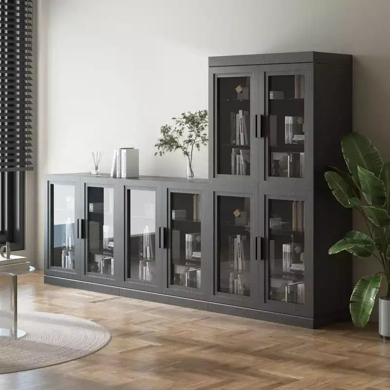 Akzentvitrine aus Holz in Schwarz, Aufbewahrungsschrank mit verstellbaren Einlegeböden und Glastüren für Küche, Schlafzimmer, Wohn- und Esszimmer