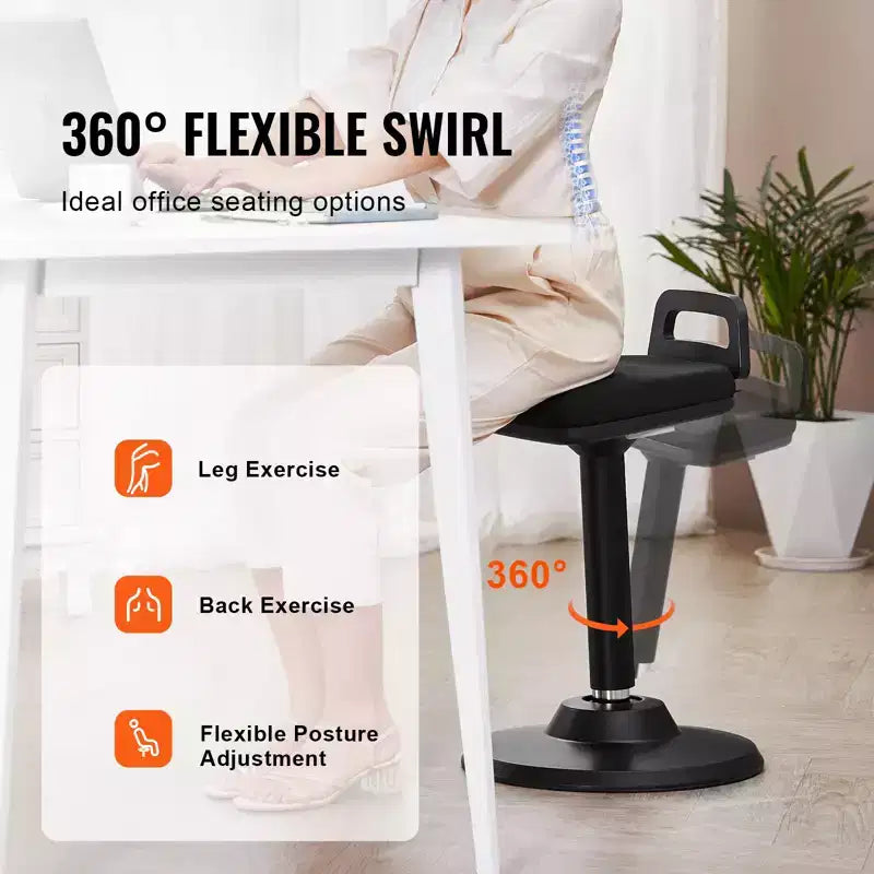 Silla activa con asa, altura ajustable (24.6-34.4), silla oscilante de tela elástica y espuma de 45 mm, 8 ángulos de inclinación, edad: 12-18 años, negra