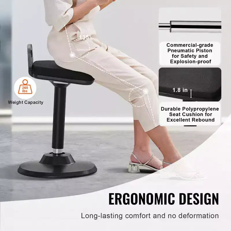 Silla activa con asa, altura ajustable (24.6-34.4), silla oscilante de tela elástica y espuma de 45 mm, 8 ángulos de inclinación, edad: 12-18 años, negra