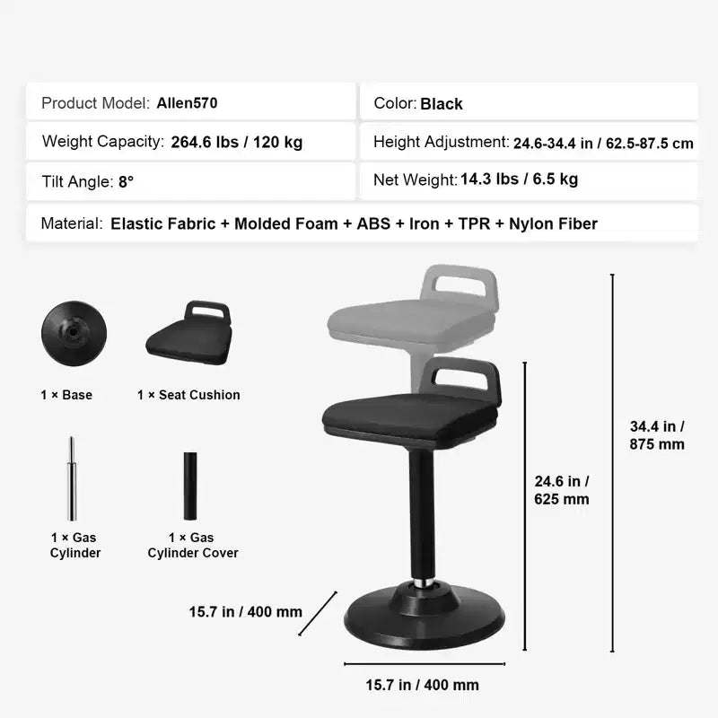 Silla activa con asa, altura ajustable (24.6-34.4), silla oscilante de tela elástica y espuma de 45 mm, 8 ángulos de inclinación, edad: 12-18 años, negra