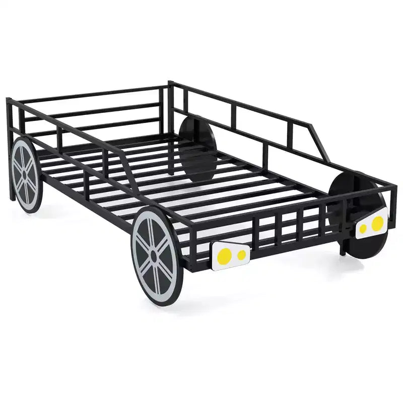 Metallbettgestell in Autoform für Einzelbett mit Raddetails und Sicherheitsgittern