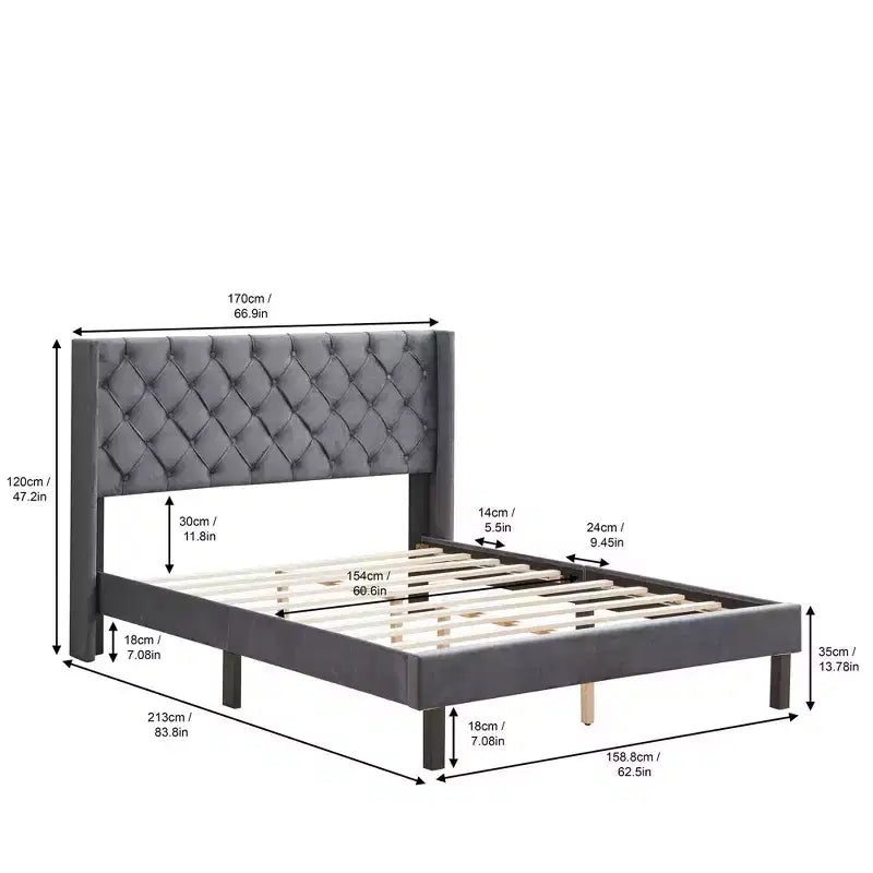 Bettgestell mit Kopfteil, Polsterbett mit Samtbezug und Knopfheftung, Flügeldesign und Holzlattenrost, Grau