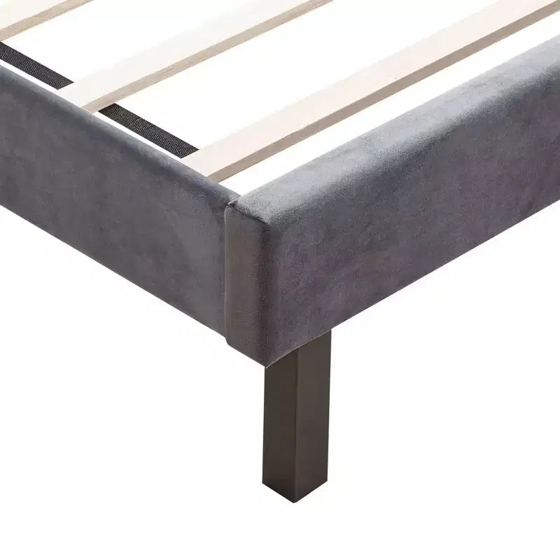 Bettgestell mit Kopfteil, Polsterbett mit Samtbezug und Knopfheftung, Flügeldesign und Holzlattenrost, Grau