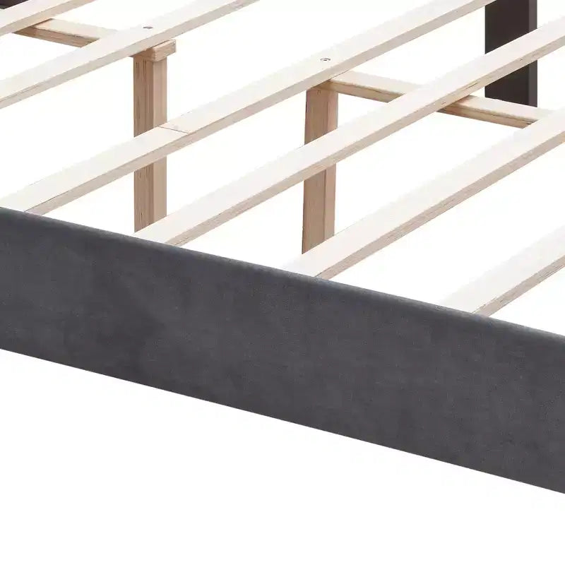 Bettgestell mit Kopfteil, Polsterbett mit Samtbezug und Knopfheftung, Flügeldesign und Holzlattenrost, Grau