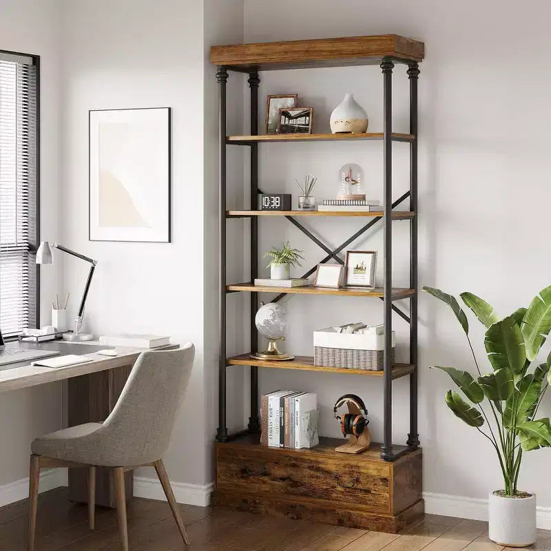 Bibliothèque haute de 81.3 - bibliothèque à 5 niveaux avec tiroirs, structure métallique vintage, étagère d’exposition, rangement pour le bureau à domicile, le salon, la chambre et la salle de bains