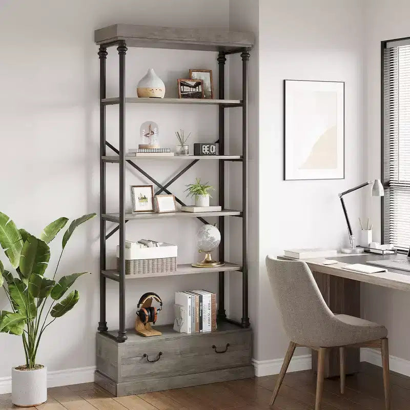 Bibliothèque haute de 81.3 - bibliothèque à 5 niveaux avec tiroirs, structure métallique vintage, étagère d’exposition, rangement pour le bureau à domicile, le salon, la chambre et la salle de bains