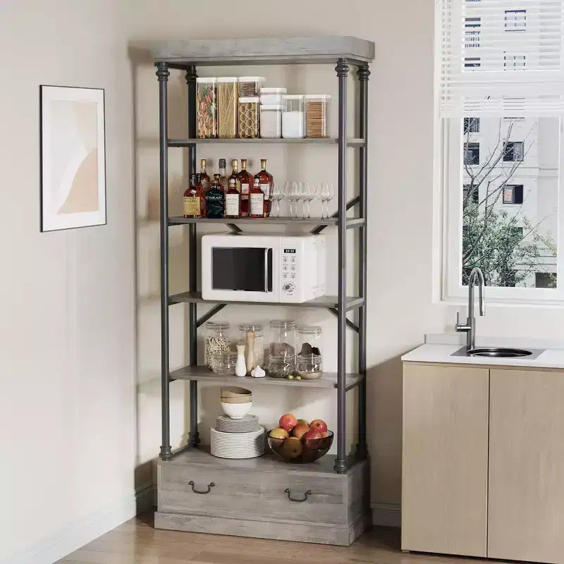 Estantería alta de 81.3 - Librero de 5 niveles con cajones, estructura metálica vintage, estante de exhibición, almacenamiento para oficina en casa, sala de estar, dormitorio y baño