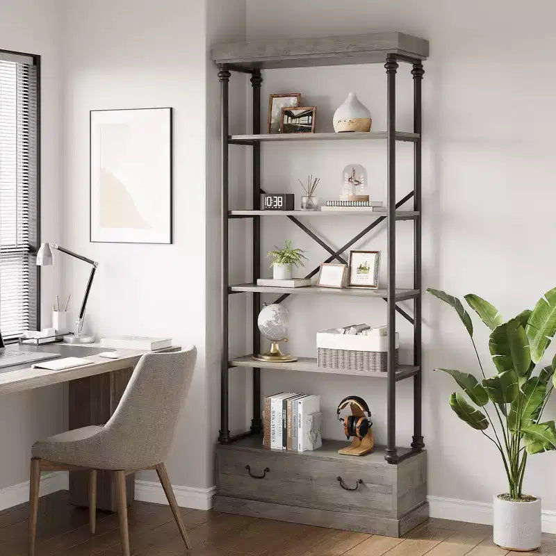 Bibliothèque haute de 81.3 - bibliothèque à 5 niveaux avec tiroirs, structure métallique vintage, étagère d’exposition, rangement pour le bureau à domicile, le salon, la chambre et la salle de bains
