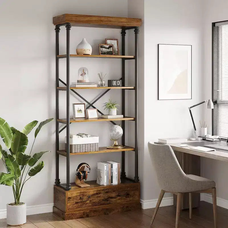 Bibliothèque haute de 81.3 - bibliothèque à 5 niveaux avec tiroirs, structure métallique vintage, étagère d’exposition, rangement pour le bureau à domicile, le salon, la chambre et la salle de bains