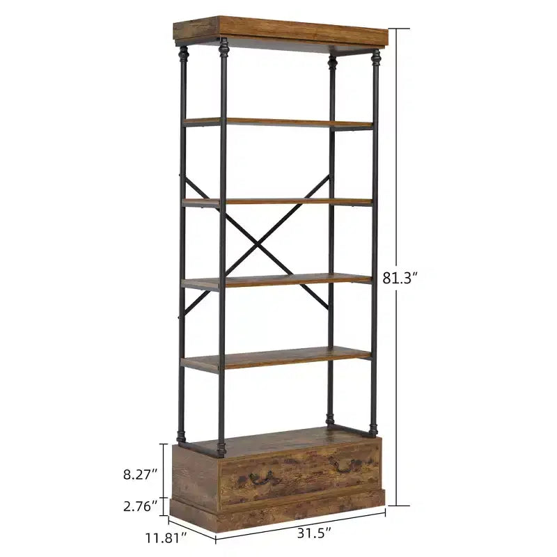 Bibliothèque haute de 81.3 - bibliothèque à 5 niveaux avec tiroirs, structure métallique vintage, étagère d’exposition, rangement pour le bureau à domicile, le salon, la chambre et la salle de bains
